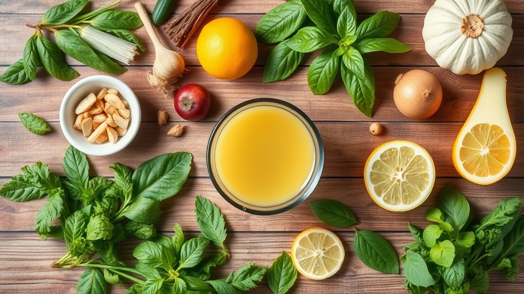 Ingredientes frescos e secos organizados em bancada de madeira rústica para preparo.