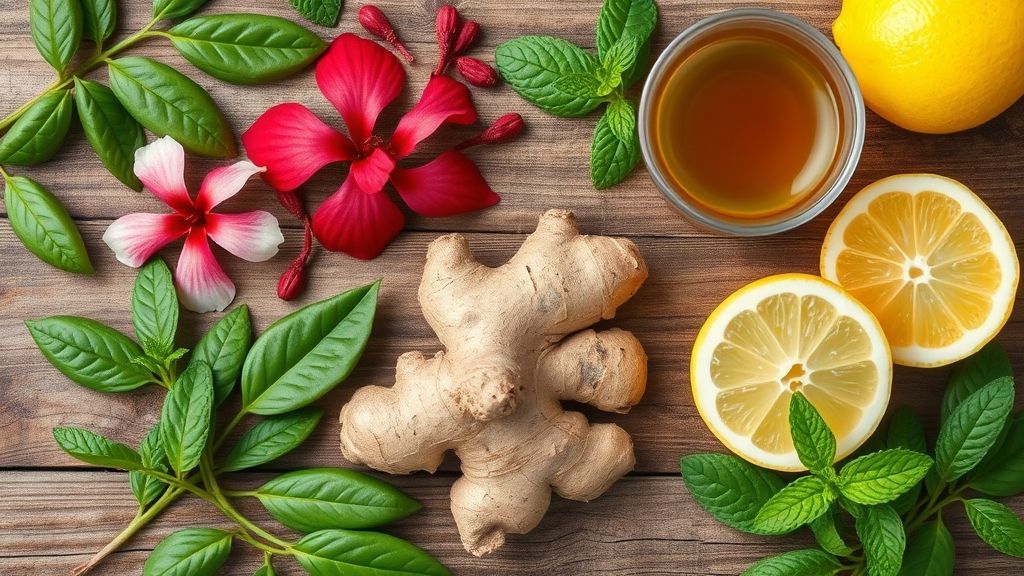 Ingredientes frescos como gengibre, limão, folhas de chá verde e hibisco organizados em bancada rústica
