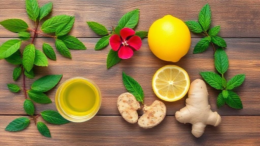 Ingredientes frescos como chá verde, hibisco, limão, gengibre e hortelã organizados em bancada de cozinha