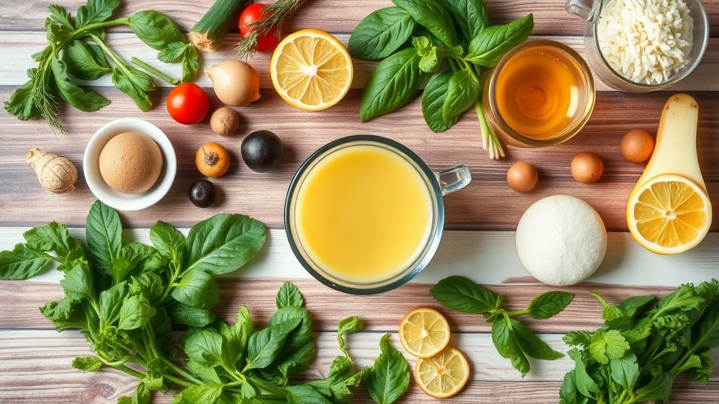 Ingredientes naturais como chá verde, hibisco, gengibre e casca de limão dispostos em bancada de madeira