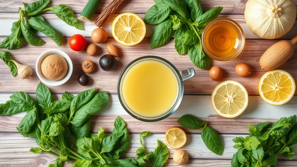 Ingredientes frescos organizados: chá verde em folhas, gengibre, limão e ervas calmantes sobre bancada de madeira