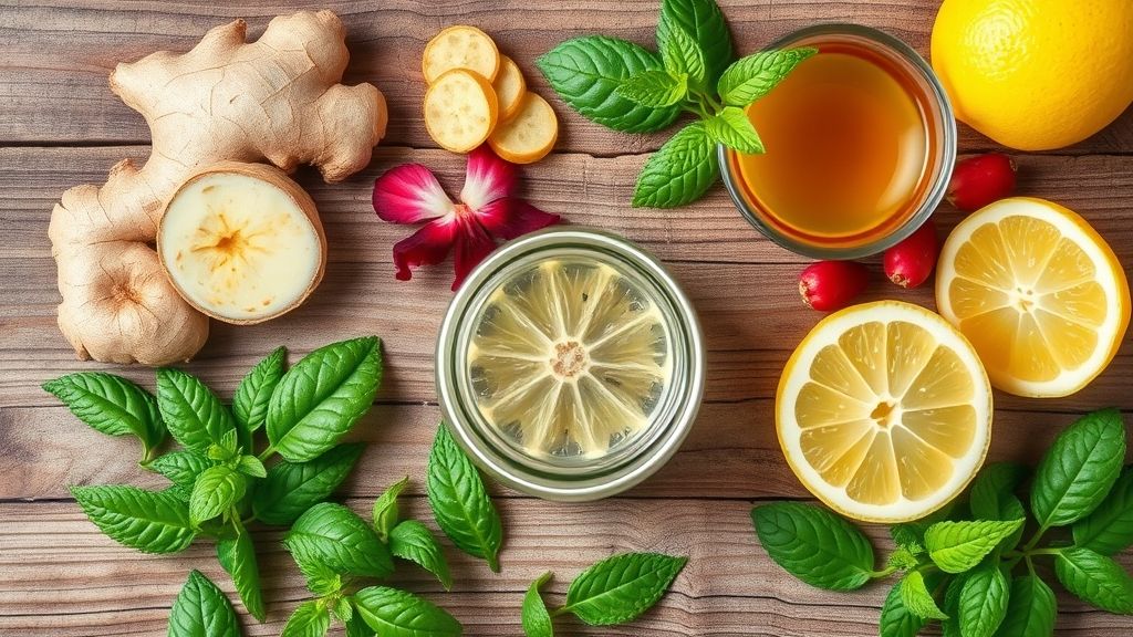 Vista de cima de gengibre, chá verde, hibisco, limão e hortelã organizados em bancada rústica.