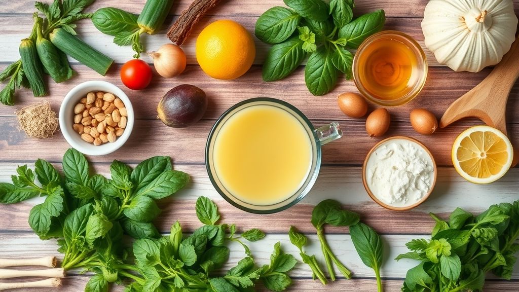 Ingredientes frescos como hibisco, gengibre, limão, canela e hortelã organizados em uma bancada