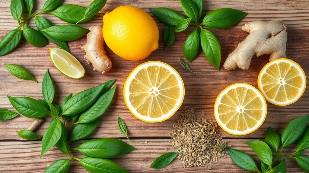 Flat lay com chá verde, gengibre, limão e ervas secas organizados em superfície rústica