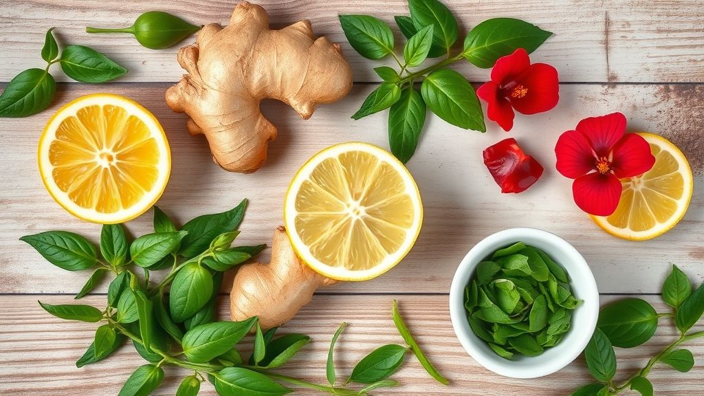 Ingredientes do chá detox organizados sobre uma bancada: chá verde, gengibre, hibisco e limão