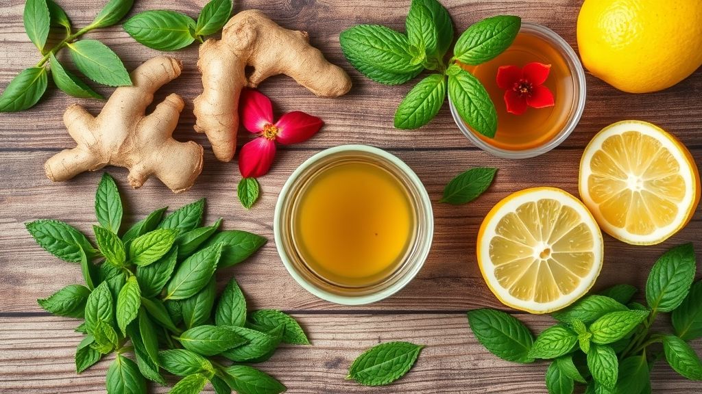 Ingredientes frescos de chá verde, gengibre, hibisco, limão e hortelã dispostos em uma bancada de madeira.
