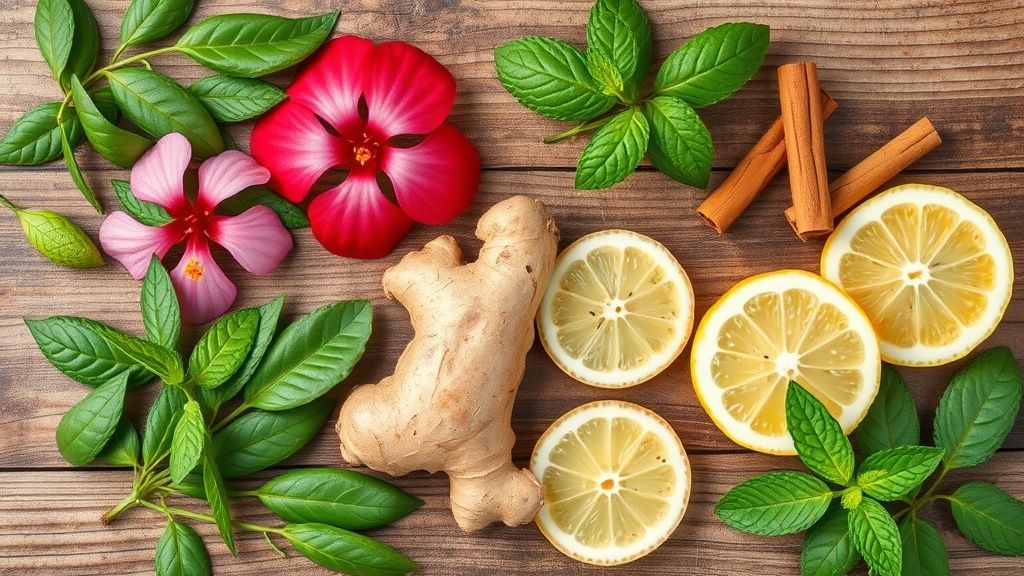Ingredientes do chá detox dispostos de forma organizada em uma bancada de madeira