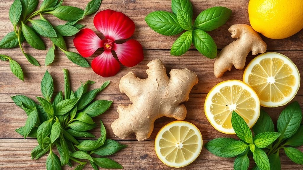 Flat lay dos ingredientes do chá detox — chá verde, hibisco, gengibre, limão e hortelã organizados em uma bancada rústica