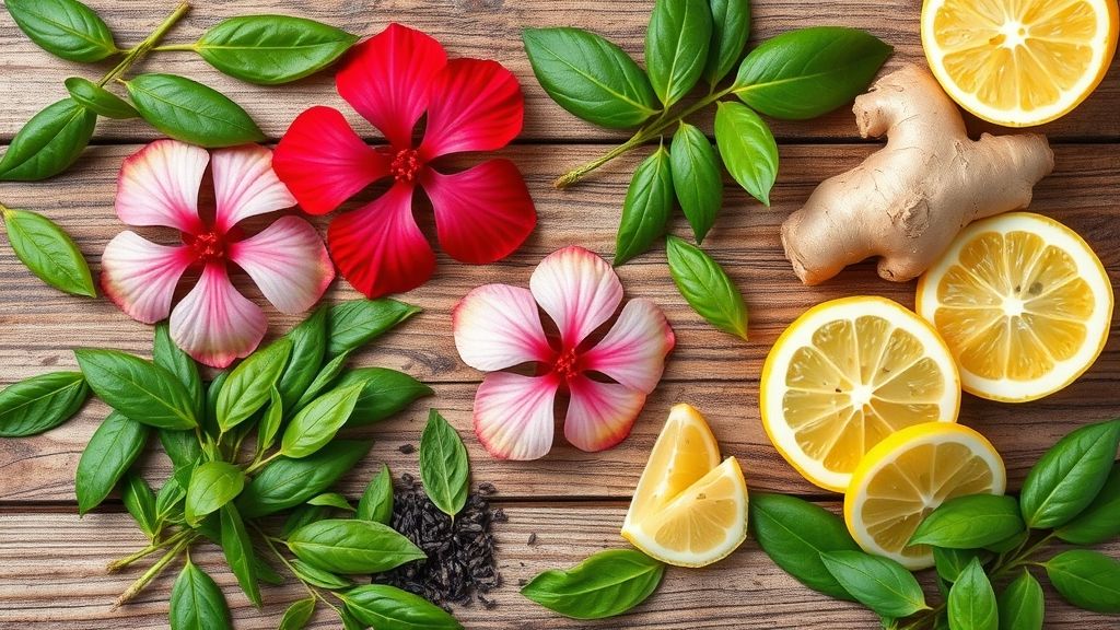 Flat lay dos ingredientes: chá verde, hibisco, gengibre e limão em bancada de madeira