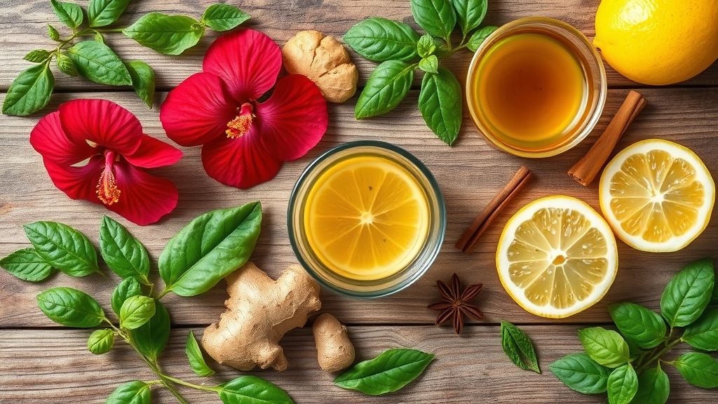 Vista superior dos ingredientes naturais — hibisco, chá-verde, gengibre, limão, especiarias — organizados em bancada de madeira.