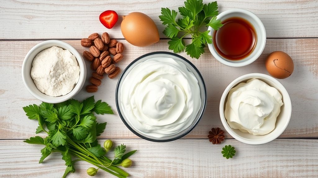 Ingredientes do chantilly de chocolate organizados em bancada rústica.