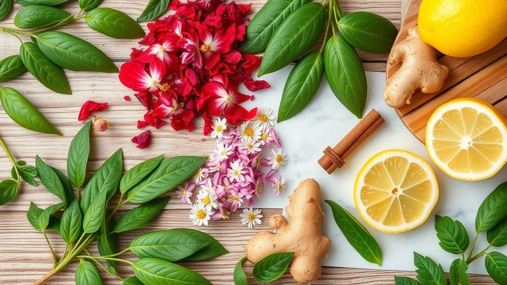 Ingredientes separados em bancada: chá verde, hibisco, camomila, gengibre, limão e canela.