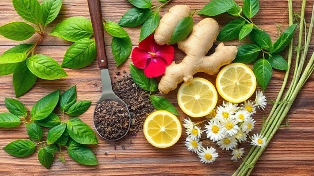 Ingredientes dispostos em flat lay, incluindo chá verde, hibisco, gengibre, limão, camomila e erva-cidreira