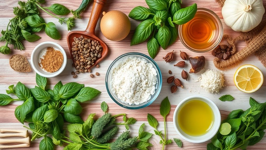 Vista de cima com folhas de chá verde, hibisco seco, camomila e especiarias organizadas em potes sobre a bancada