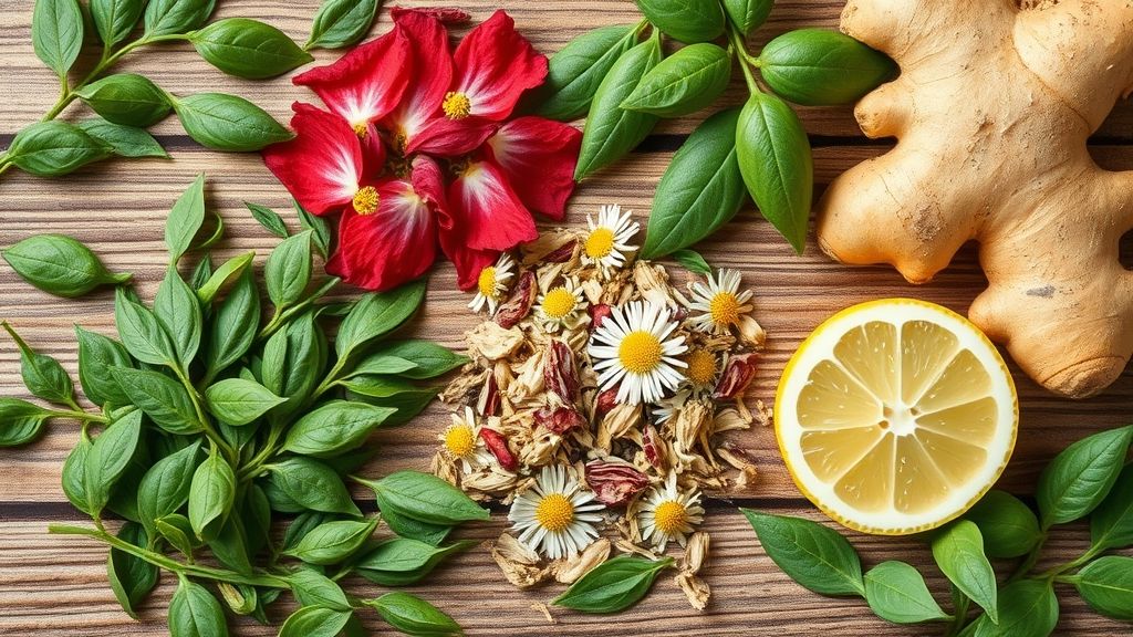 Ingredientes como chá verde, hibisco, gengibre e camomila organizados em um balcão de madeira rústica