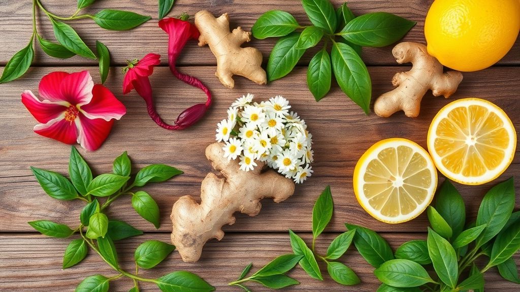 Ingredientes variados como hibisco, camomila, gengibre, limão e chá verde organizados em uma bancada.