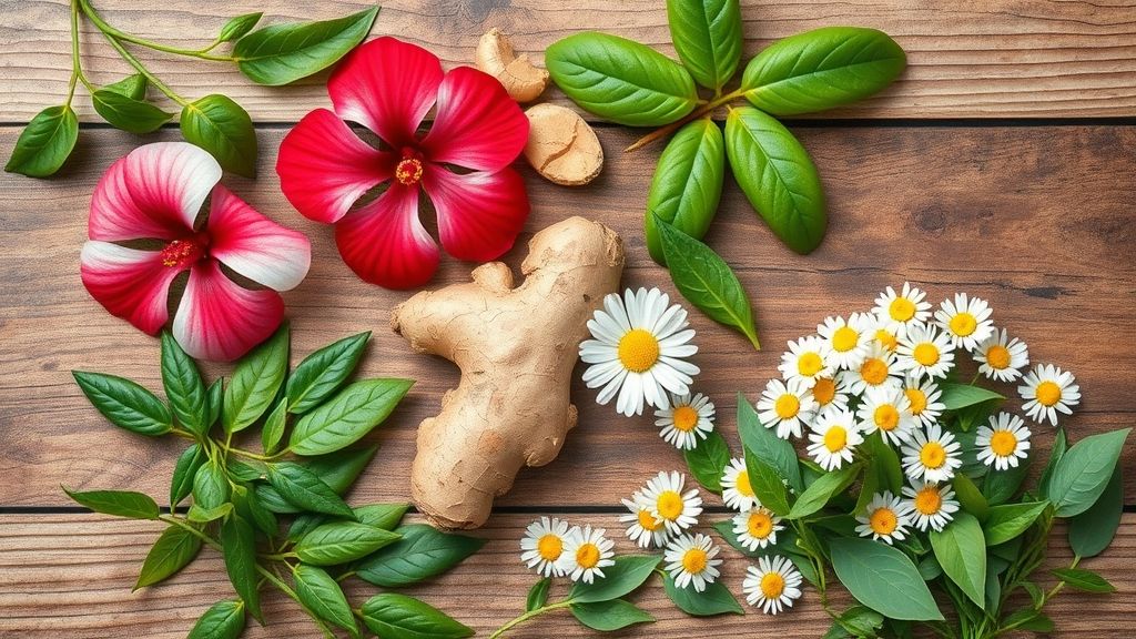 Ingredientes variados para os chás (hibisco, chá verde, gengibre, camomila) dispostos de forma organizada em bancada de madeira.