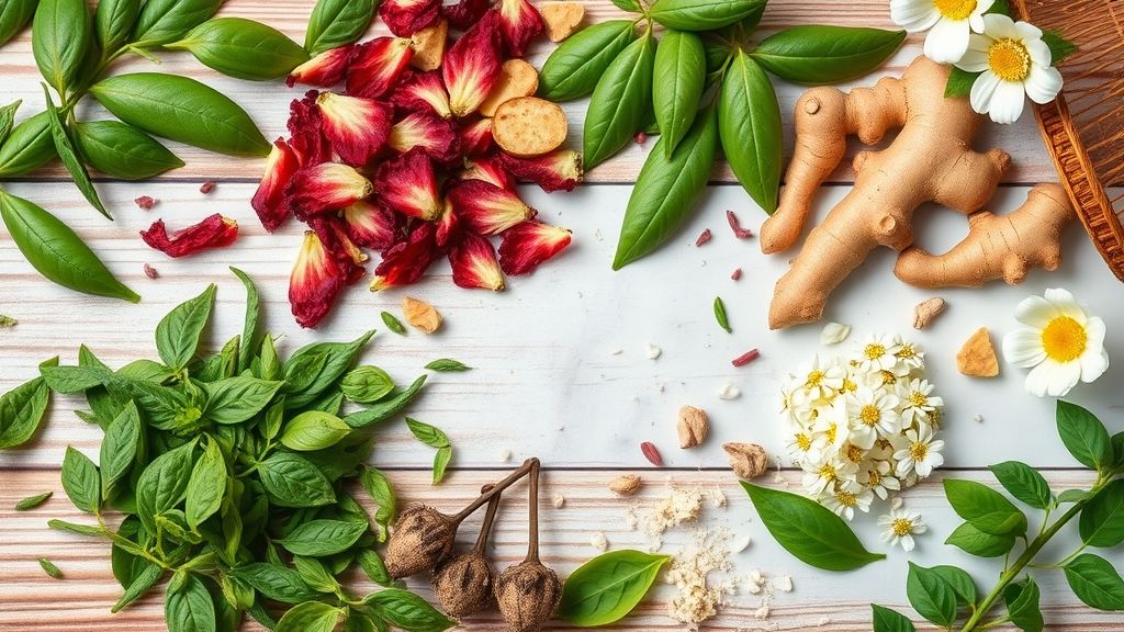 Ingredientes separados em porções: chá verde, hibisco, gengibre fresco, camomila e erva-cidreira em uma bancada de madeira rústica.