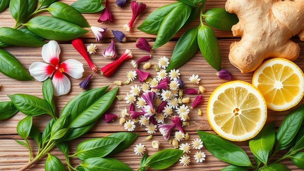 Ingredientes separados em potes e bowls: folhas de chá verde, flores de hibisco, camomila e gengibre fresco organizados em bancada de madeira