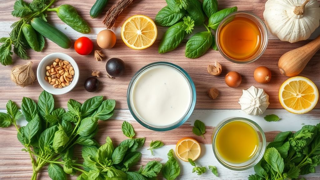 Ingredientes variados como chá verde, hibisco, gengibre e camomila organizados em bancada de madeira