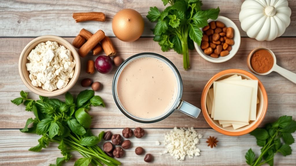 Ingredientes da receita organizados em flat lay sobre uma mesa de madeira, incluindo leite, Toddy, açúcar e chocolate.