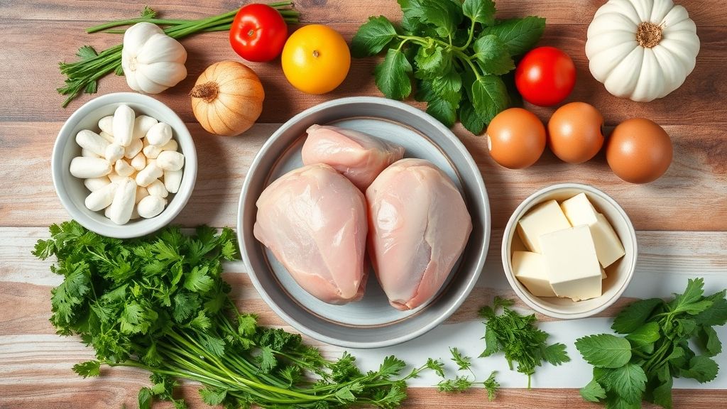 Flat lay dos ingredientes como coração de frango, cebola, tomates, pimentão e temperos, organizados em superfície de madeira.