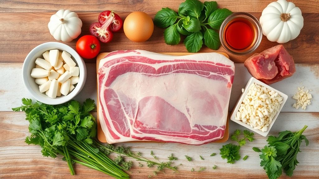 Ingredientes da costelinha suína assada organizados em uma bancada de cozinha.