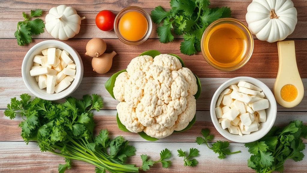 Ingredientes como couve-flor, azeite, temperos e iogurte dispostos de forma organizada sobre bancada