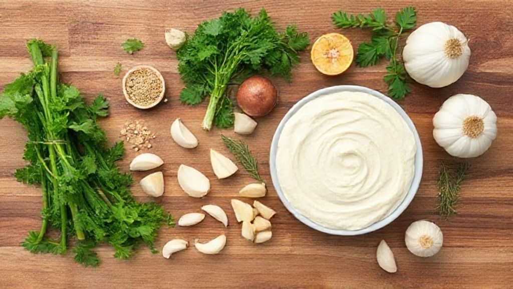 Ingredientes separados em tigelinhas sobre bancada de madeira, prontos para a receita.