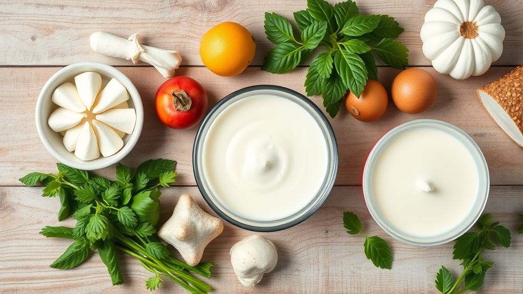 Ingredientes organizados sobre bancada rústica: leite, amido de milho, leite condensado, gemas e baunilha.