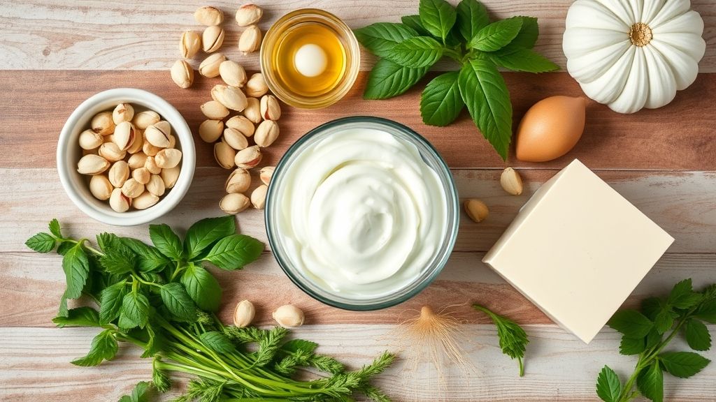 Ingredientes do creme de pistache dispostos de cima para baixo em bancada rústica.