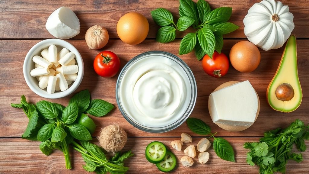 Visão de cima com os ingredientes da sobremesa dispostos em bancada de madeira.