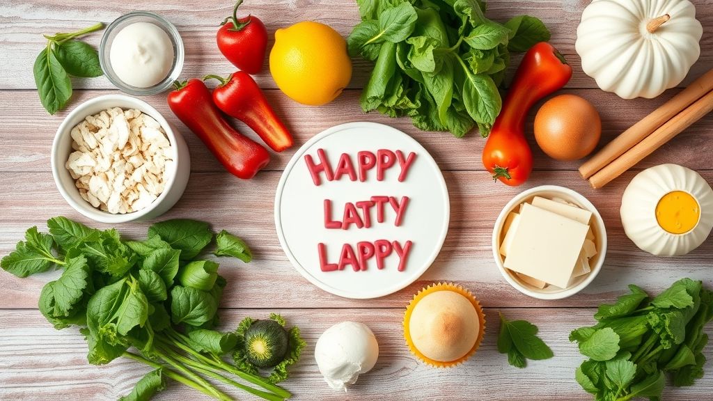 Ingredientes organizados em bancada para receita de cupcakes, incluindo confeitos e corantes.