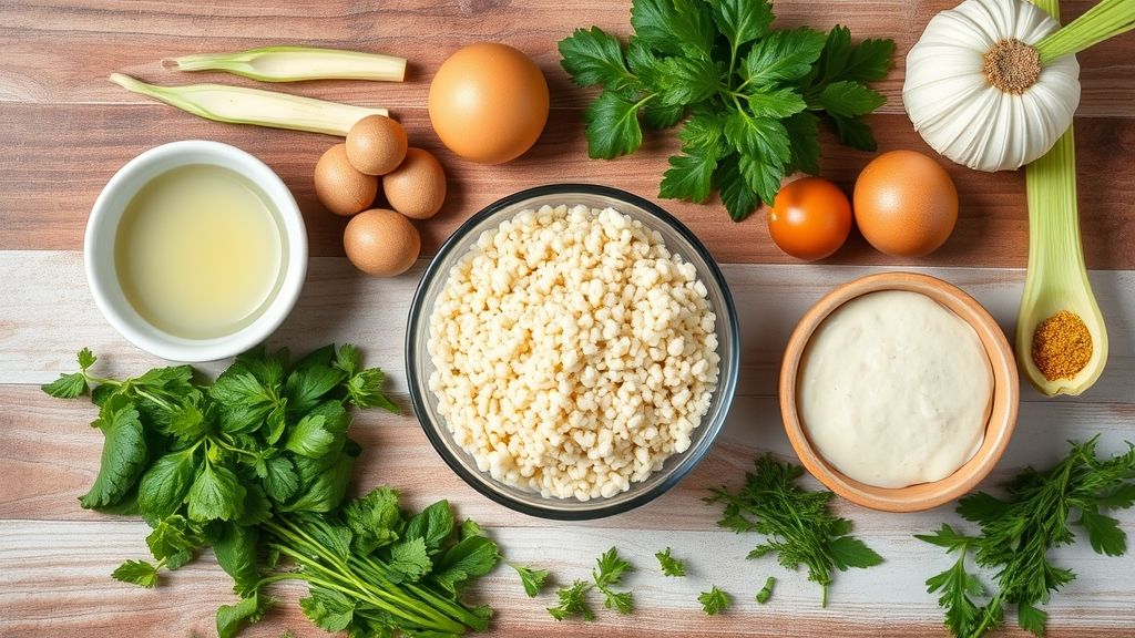 Ingredientes frescos e secos da receita, organizados em flat lay sobre a bancada.