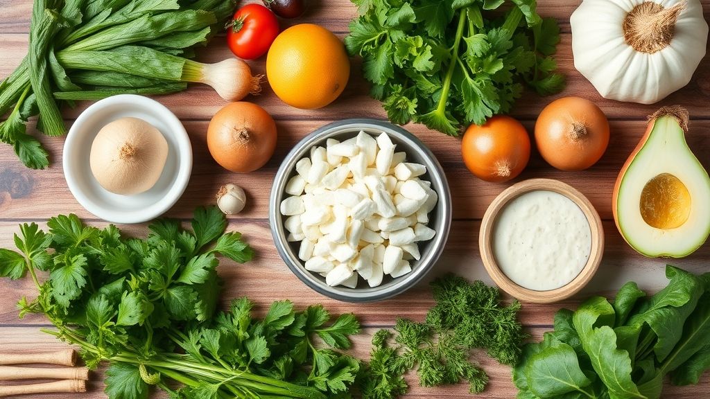 Ingredientes frescos organizados em bancada rústica, prontos para preparo do cuscuz paulista.