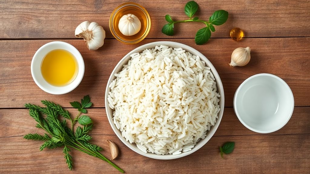 Ingredientes básicos em bancada: arroz cozido congelado, azeite, água e temperos frescos.