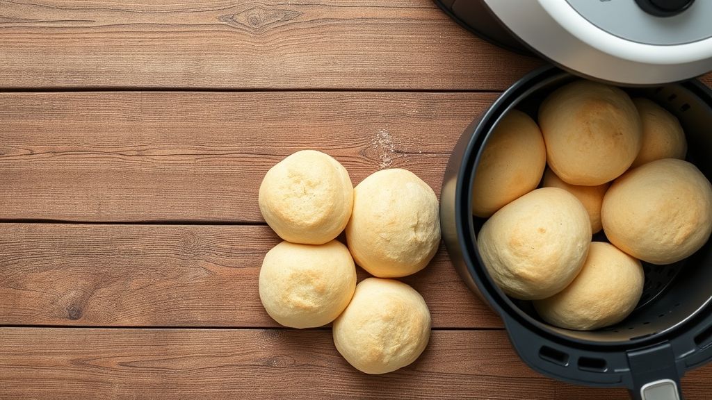 Vista de cima com pães congelados e uma airfryer em bancada de cozinha rústica