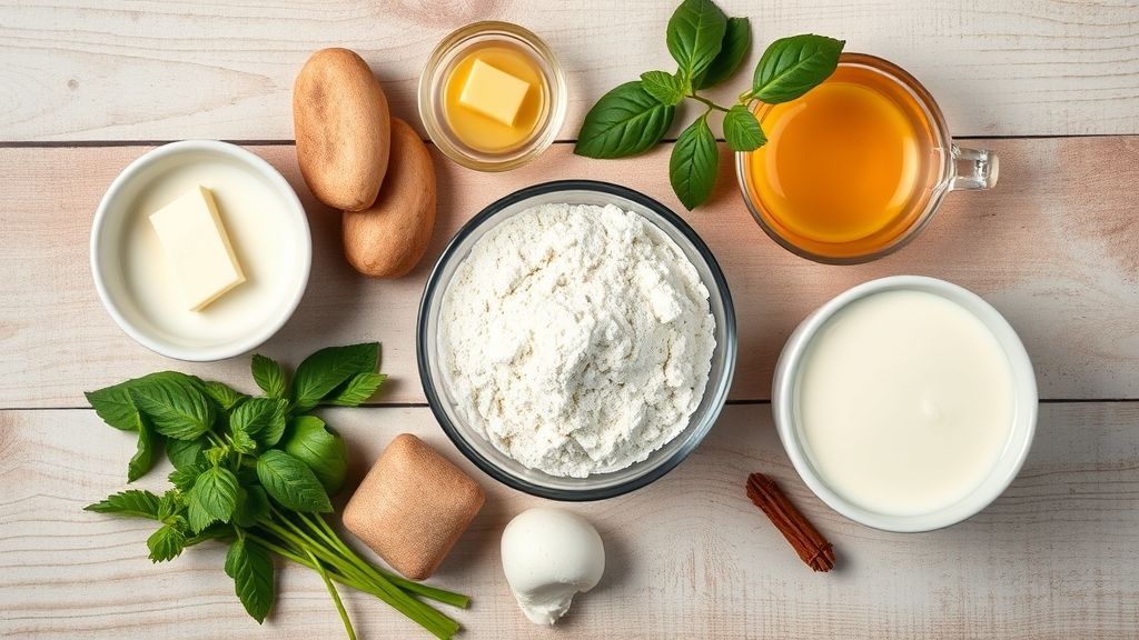 Ingredientes da receita organizados sobre uma bancada de cozinha em visão de cima