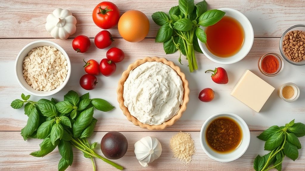 Vista de cima mostrando farinha, manteiga e leite condensado organizados em tigelas sobre bancada rústica