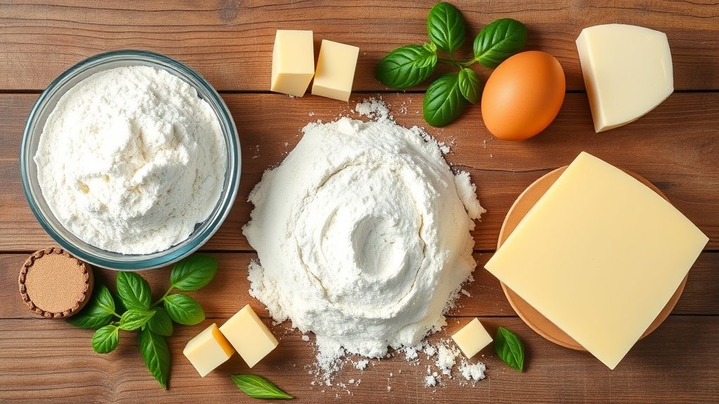 Ingredientes organizados em bancada de madeira para preparar a empadinha de queijo