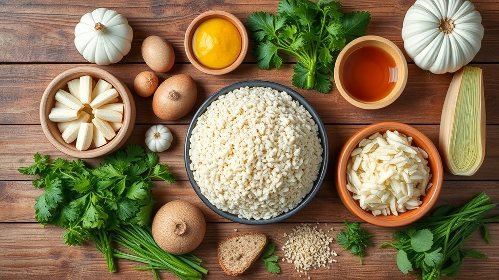 Ingredientes frescos como farinha de milho, paio, cebola, ovo e temperos dispostos em bancada de madeira.