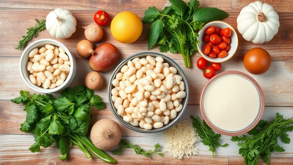 Ingredientes do preparo do feijão organizados em bancada de cozinha