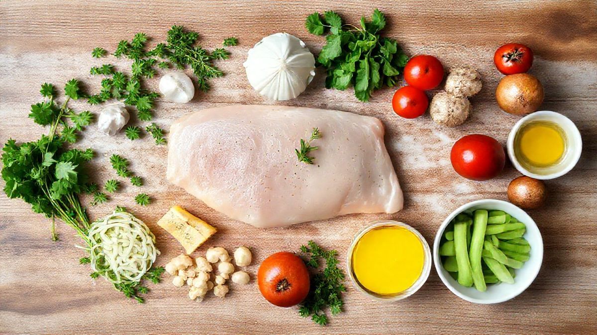 Ingrédients organisés sur le plan de travail : filets de daurade, citron, ail, oignon, huile d'olive, vin blanc et assaisonnements