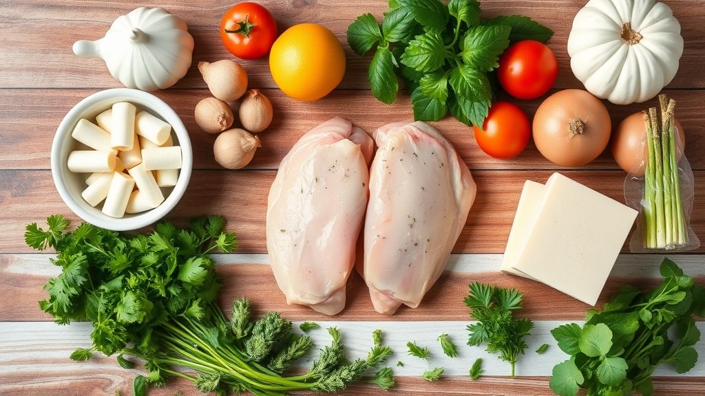 Ingredientes organizados em uma bancada para preparar o filé de frango gratinado cremoso
