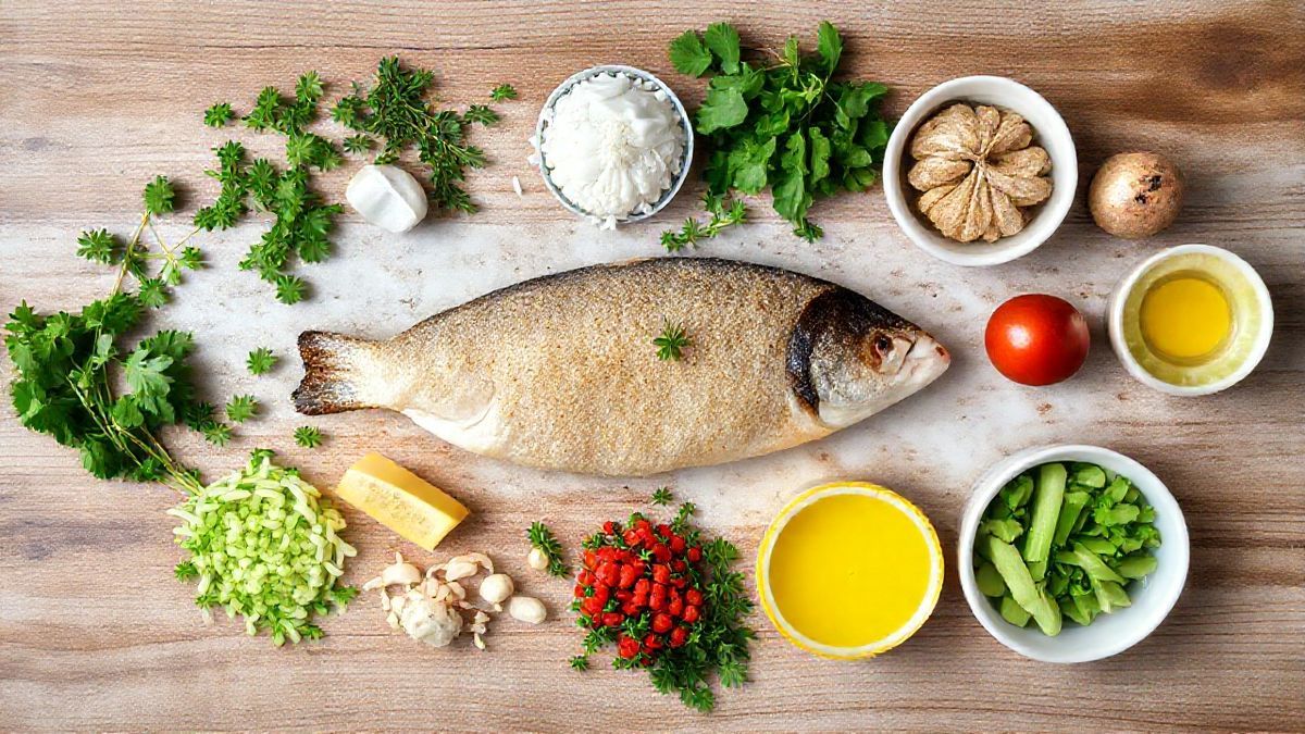 Ingredientes organizados em flat lay sobre bancada: filé de linguado, ovos, farinhas e limão.