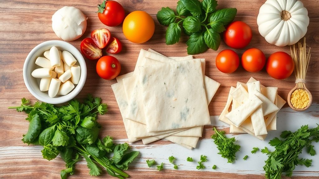 Visão de cima dos ingredientes separados: farinha, fermento, queijo, presunto e óleo