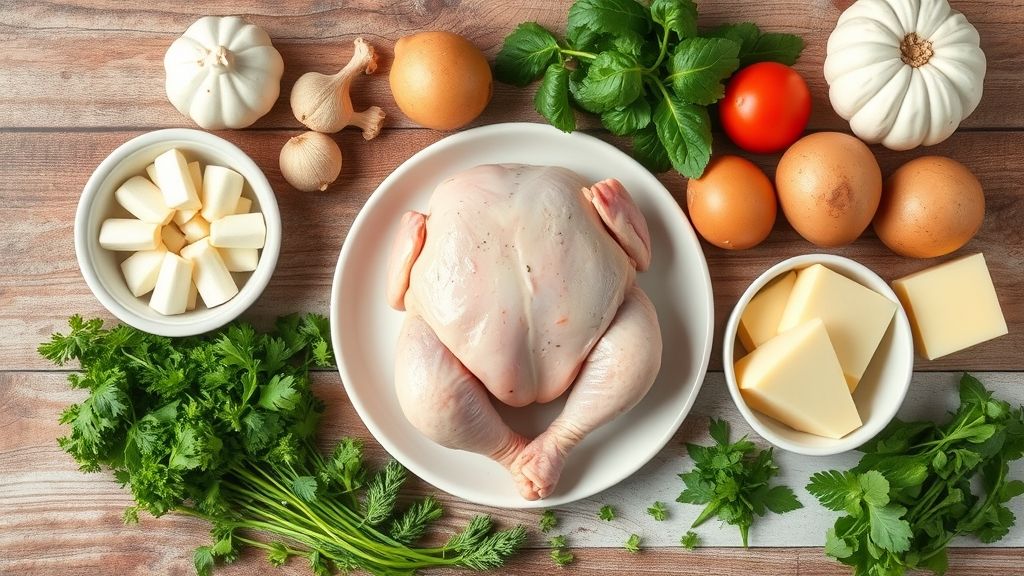 Ingredientes frescos da receita organizados em uma bancada de madeira.
