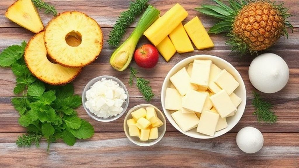 Visão de cima com abacaxi em cubos, leite condensado, chocolate branco, creme de leite e outros ingredientes dispostos em bancada rústica.