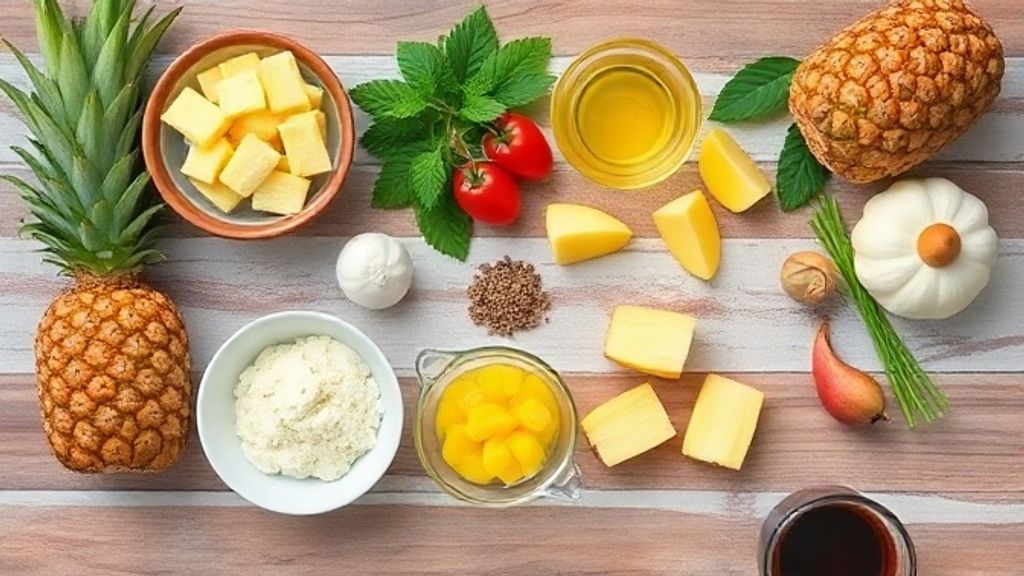 Ingredientes separados em cumbucas sobre bancada de mármore: abacaxi picado, gelatina, creme de leite, leite, gemas e açúcar.