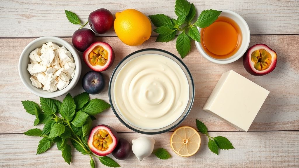 Ingredientes da receita organizados em uma bancada de cozinha vistos de cima.